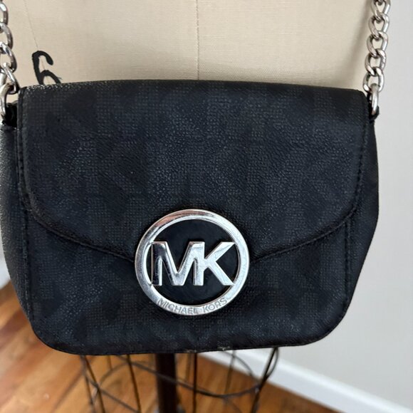 Michael Kors Leather MK Monogram Crossbody Bag Black with Silver hardware - Picture 2 of 7